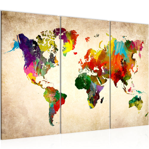 Runa Art Wandbilder Weltkarte Bild XXL Büro Wohnzimmer Bunt Kontinente Landkarte 120 x 80 cm 3 Teilig 105131a