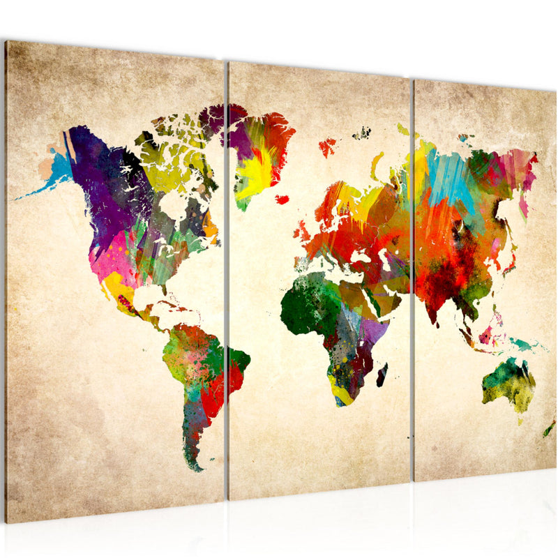 Runa Art Wandbilder Weltkarte Bild XXL Büro Wohnzimmer Bunt Kontinente Landkarte 120 x 80 cm 3 Teilig 105131a