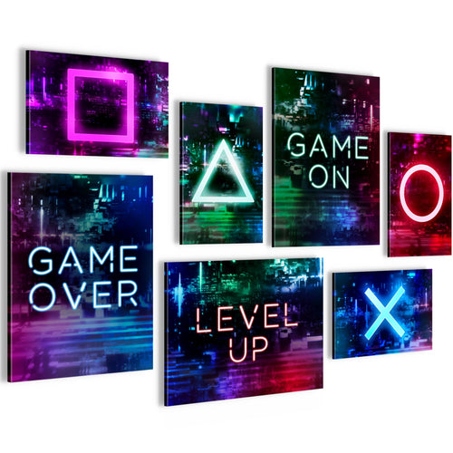 Novart Wandbilder Spielkonsole Gamer - KOMPLETT AUFHÄNGFERTIG - Bunt Kinderzimmer Junge Teenager - 7 Moderne Mood-Bilder - N021371a