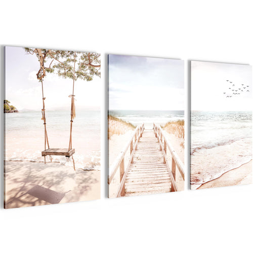 Novart Bilder Set Landschaft - KEIN EXTRA RAHMEN BENÖTIGT - Wandbilder für Wohnzimmer Schlafzimmer Büro - 3 Teilig Deko Strand - N038136b