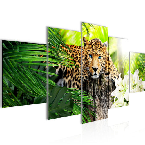 Runa Art Bild Wohnzimmer Schlafzimmer Afrika Leopard 5 Teilig Raubkatze Dschungel Grün Wandbilder auf Vlies Leinwand 006753b