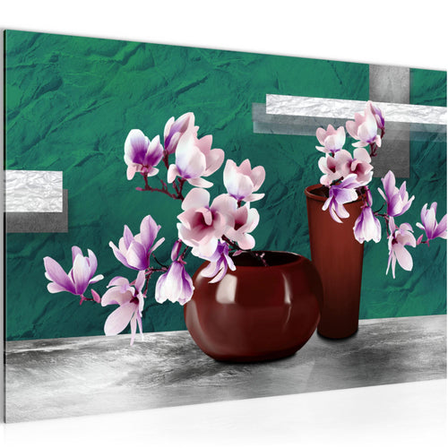 Runa Art Bild Blumen Abstrakt Modern Wandbilder Wohnzimmer 1 Teilig - Made In Germany - Blumenvase Türkis Grau Flur 035215b