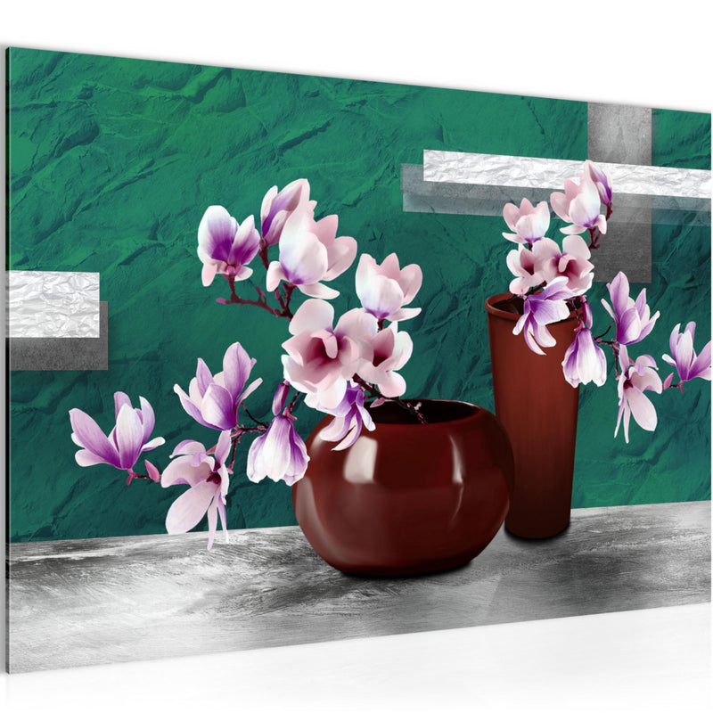 Runa Art Bild Blumen Abstrakt Modern Wandbilder Wohnzimmer 1 Teilig - Made In Germany - Blumenvase Türkis Grau Flur 035215b