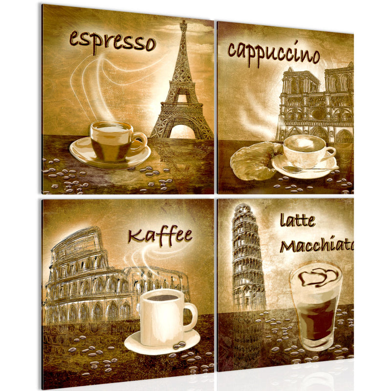 Runa Art Bilder Küche Kaffee 4 Teilig Bild auf Vlies Leinwand Esszimmer Küchenbilder 60 x 60 cm Collage Braun 500744c