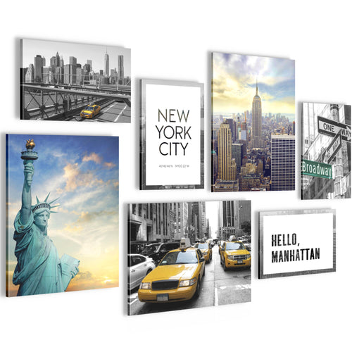 Novart Wandbilder New York - KOMPLETT AUFHÄNGFERTIG - NY USA Wohnzimmer Mädchen Teenager - 7 Moderne Mood-Bilder - N001171a