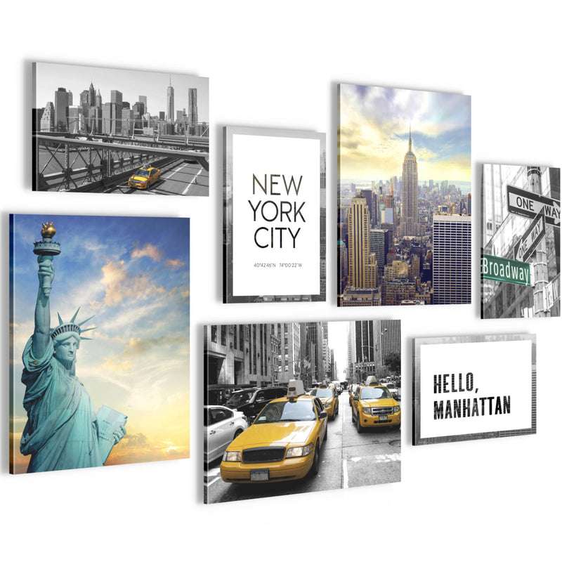 Novart Wandbilder New York - KOMPLETT AUFHÄNGFERTIG - NY USA Wohnzimmer Mädchen Teenager - 7 Moderne Mood-Bilder - N001171a