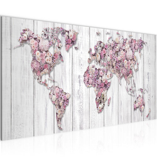 Runa Art Wandbild Weltkarte Blumen 1 Teilig 100 x 40 cm Modern Bild auf Vlies Leinwand Vintage Wohnzimmer Grau Rosa 023212b