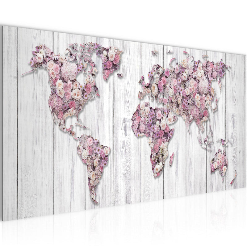 Runa Art Wandbild Weltkarte Blumen 1 Teilig 100 x 40 cm Modern Bild auf Vlies Leinwand Vintage Wohnzimmer Grau Rosa 023212b