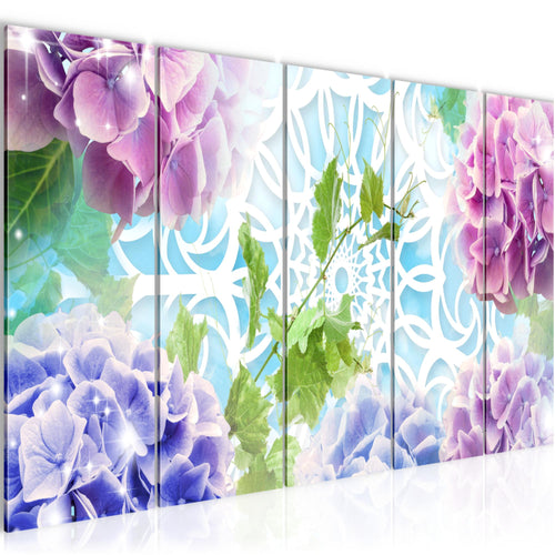 Runa Art Wandbild XXL Blumen Hortensien Wohnzimmer Schlafzimmer 200 x 80 cm Bunt 5 Teilig - Made in Germany - 017555b