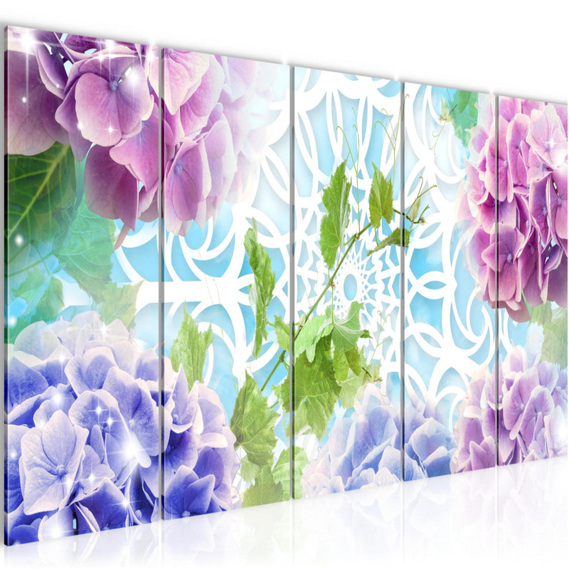 Runa Art Wandbild XXL Blumen Hortensien Wohnzimmer Schlafzimmer 200 x 80 cm Bunt 5 Teilig - Made in Germany - 017555b