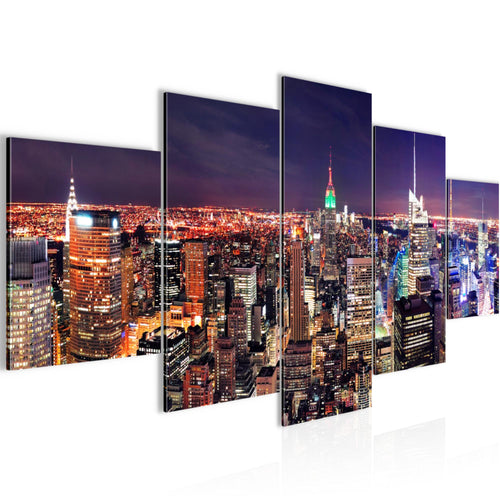Runa Art - Bilder New York Skyline 200 x 100 cm 5 Teilig XXL Wanddekoration Design Violett Lila 036251a