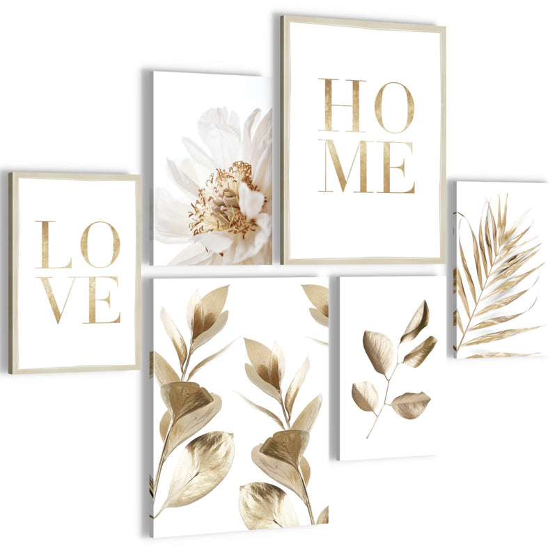 Novart Wandbilder Set Boho Gold Blätter Home - KEIN EXTRA RAHMEN BENÖTIGT -  Modern Deko  - Wohnzimmer Schlafzimmer N021563a