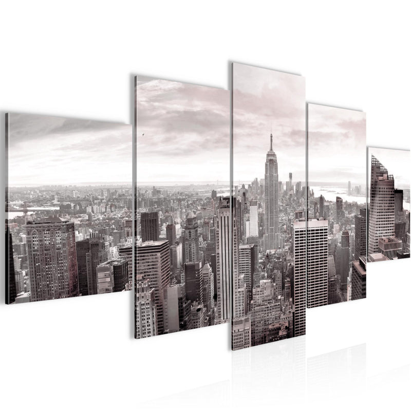 Runa Art - Bilder New York Skyline 200 x 100 cm 5 Teilig XXL Wanddekoration Design Grau Rosa 010251b
