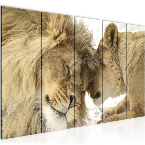 Runa Art Wandbild XXL Löwen Liebe Wohnzimmer Schlafzimmer 200 x 80 cm Beige 5 Teilig - Made in Germany - 002155a