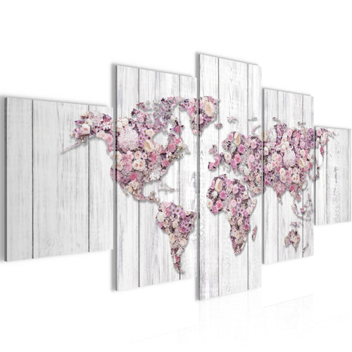 Runa Art Bild Wohnzimmer Schlafzimmer Weltkarte Blumen 5 Teilig Vintage Grau Rosa Wandbilder auf Vlies Leinwand 023253b