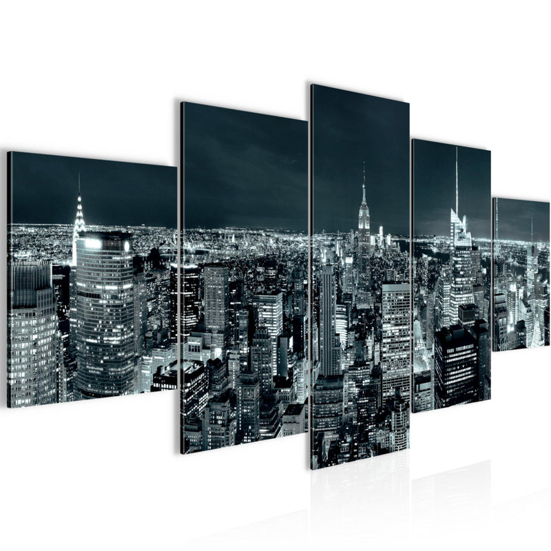 Runa Art - Bilder New York Skyline 200 x 100 cm 5 Teilig XXL Wanddekoration Design Türkis Blau 036251b