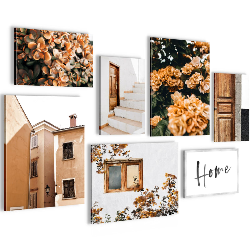 Novart Wandbilder Home Blumen - KOMPLETT AUFHÄNGFERTIG - Orange Wohnzimmer Schlafzimmer - 7 Moderne Mood-Bilder - N010171a