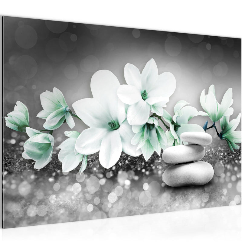 Runa Art Bild Blumen Magnolien Modern Wandbilder Wohnzimmer 1 Teilig - Made In Germany - Abstrakt Grau Türkis Flur 035415b