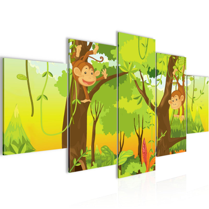 Runa Art Bild Spielzimmer Baby Tiere Dschungel 5 Teilig Kinderzimmer Bunt Wandbilder auf Vlies Leinwand 001853b