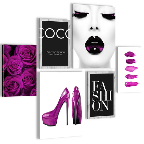 Novart Wandbilder Set Fashion Schwarz Weiss Violett - KEIN EXTRA RAHMEN BENÖTIGT -  Modern Deko  - Wohnzimmer Mädchen Teenager N002263c