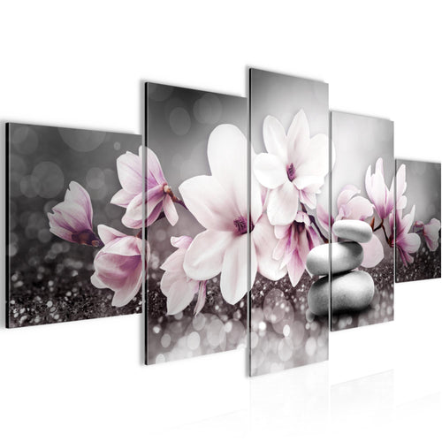 Runa Art Bild Wohnzimmer Schlafzimmer Blumen Magnolien 5 Teilig Abstrakt Grau Rosa Wandbilder auf Vlies Leinwand 035453a