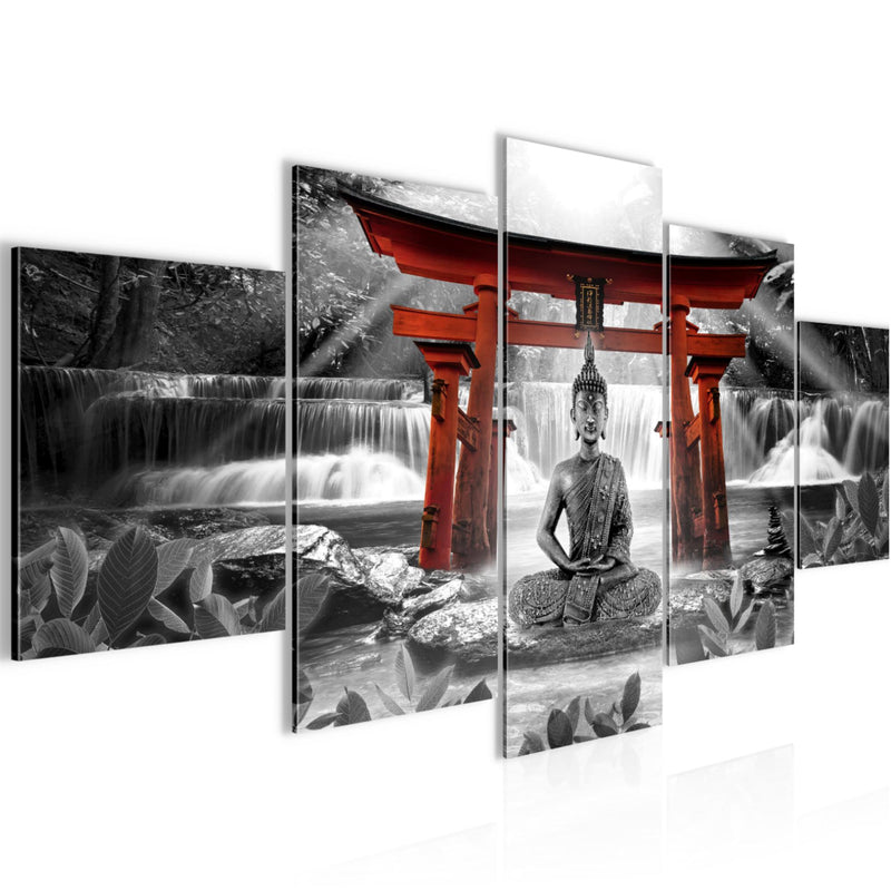 Runa Art Wandbilder Feng Shui Buddha 5 Teilig Bild auf Vlies Leinwand Deko Wohnzimmer Schlafzimmer Zen Rot Grau 036452c