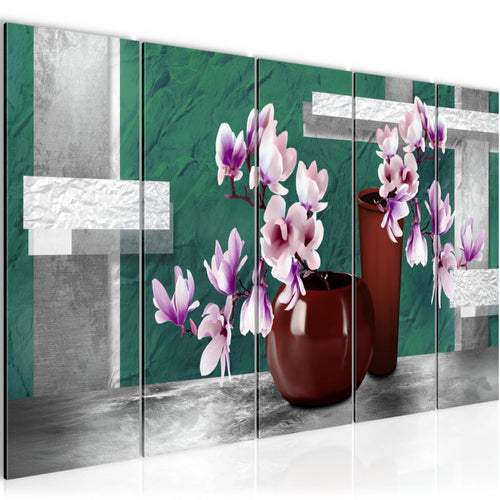 Runa Art Wandbild XXL Blumen Abstrakt Wohnzimmer Schlafzimmer 200 x 80 cm Türkis Grau 5 Teilig - Made in Germany - 035255b