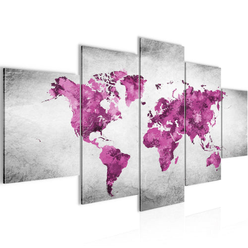 Runa Art - Bilder Weltkarte 200 x 100 cm 5 Teilig XXL Wanddekoration Design Rosa Grau 013351c