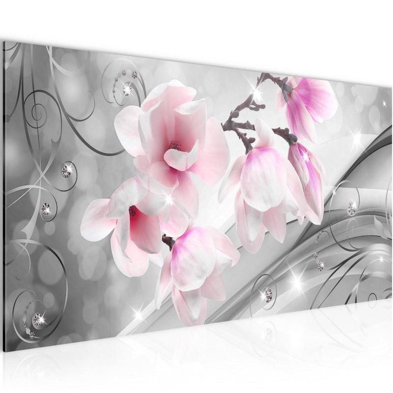 Runa Art Wandbild Blumen Abstrakt 1 Teilig 100 x 40 cm Modern Bild auf Vlies Leinwand 3D Optik Wohnzimmer Grau Rosa 035312a