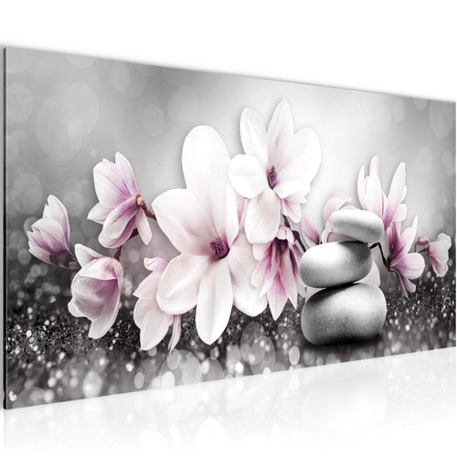 Runa Art Wandbild Blumen Magnolien 1 Teilig 100 x 40 cm Modern Bild auf Vlies Leinwand Abstrakt Wohnzimmer Grau Rosa 035412a