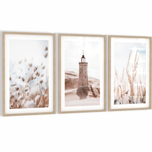 Novart Wandbilder mit Rahmen Lichtturm Boho Meer - Wohnzimmer Schlafzimmer Flur Wanddeko - 3 Bilder Set Beige - N134936aR1