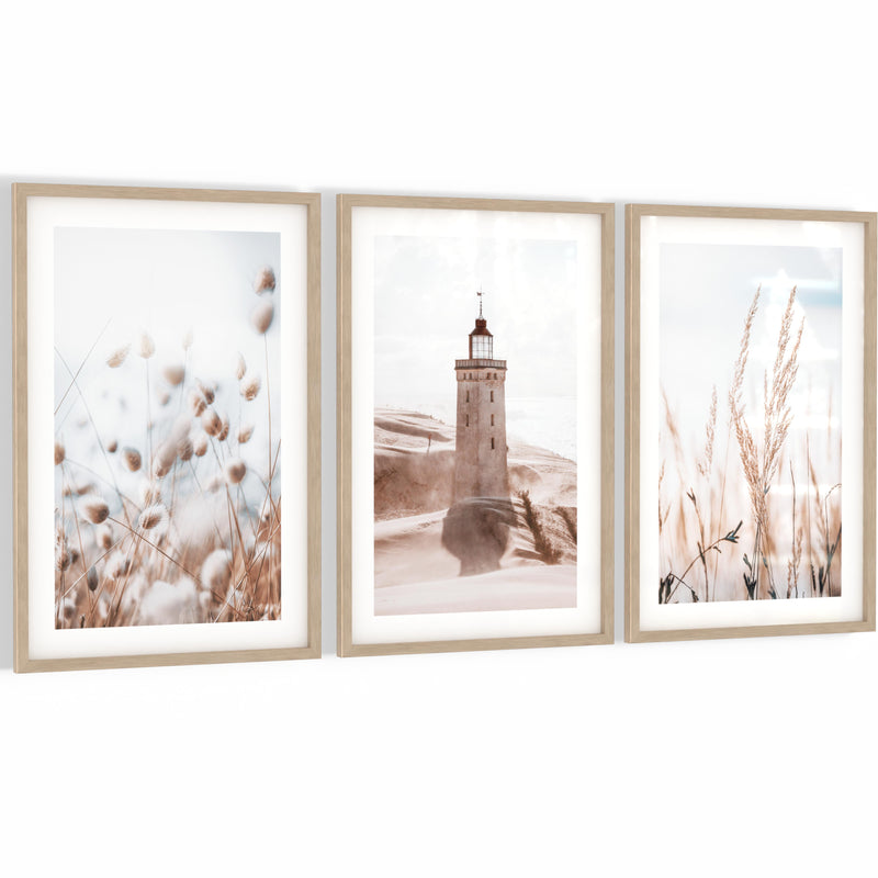 Novart Wandbilder mit Rahmen Lichtturm Boho Meer - Wohnzimmer Schlafzimmer Flur Wanddeko - 3 Bilder Set Beige - N134936aR1