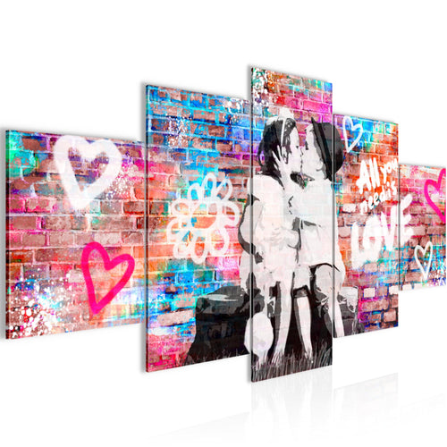 Runa Art Bild Wohnzimmer Schlafzimmer the First Kiss 5 Teilig Streetart Graffiti Bunt Wandbilder auf Vlies Leinwand 044653a