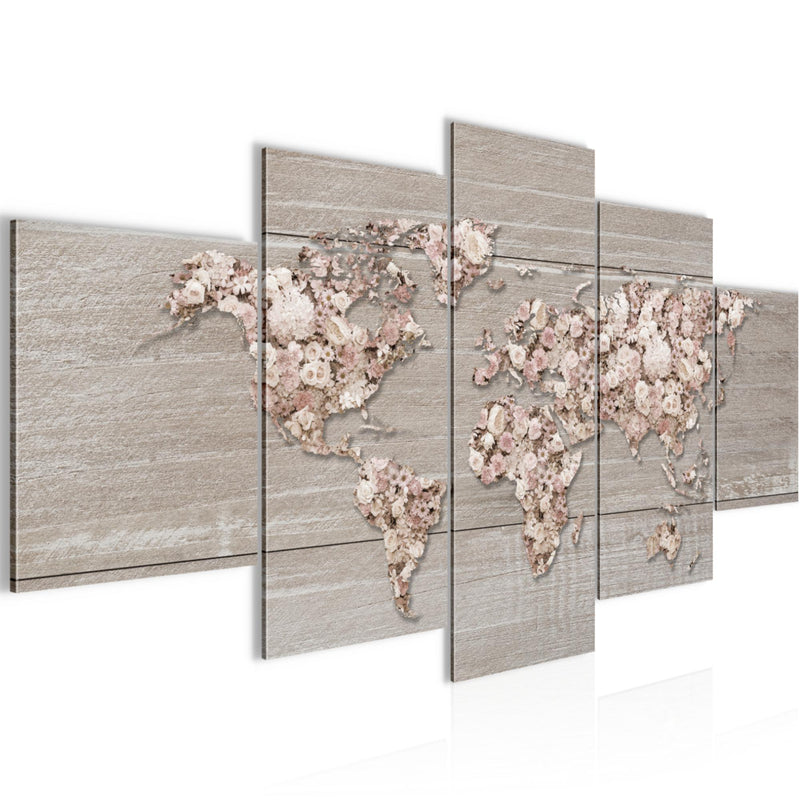 Runa Art - Bilder Weltkarte Blumen 200 x 100 cm 5 Teilig XXL Wanddekoration Design Beige Braun 023251c
