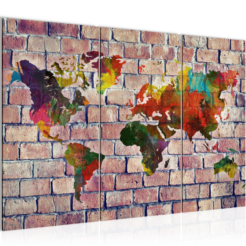 Runa Art Wandbilder Weltkarte Bild XXL Büro Wohnzimmer Rot Bunt Ziegelwand 120 x 80 cm 3 Teilig 106931c
