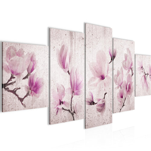 Runa Art Bild Wohnzimmer Schlafzimmer Blumen Magnolien 5 Teilig Abstrakt Grau Rosa Wandbilder auf Vlies Leinwand 007753b