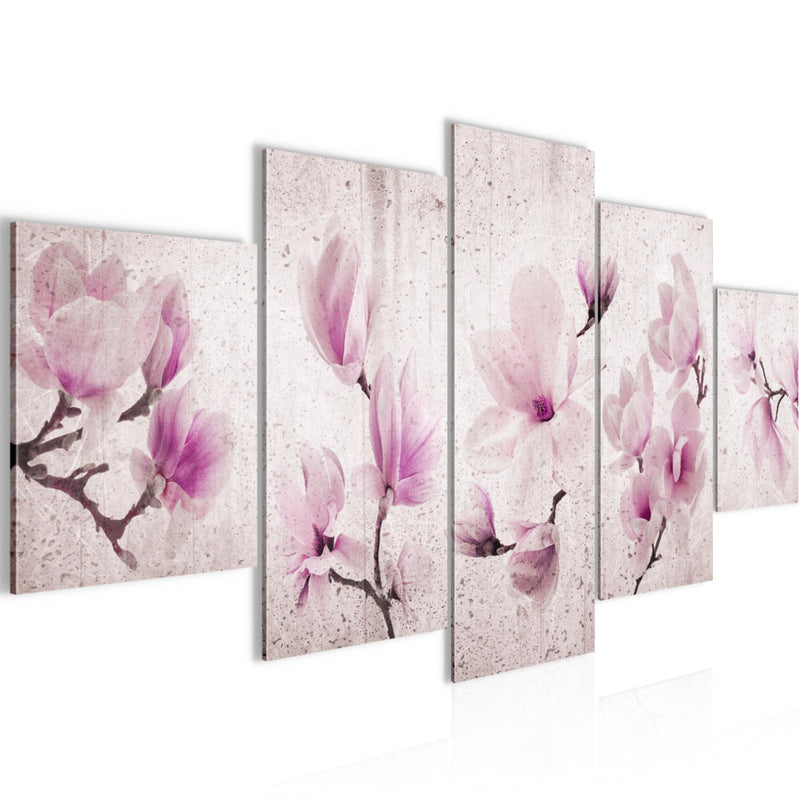 Runa Art Bild Wohnzimmer Schlafzimmer Blumen Magnolien 5 Teilig Abstrakt Grau Rosa Wandbilder auf Vlies Leinwand 007753b