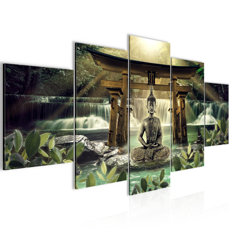 Runa Art Bild Wohnzimmer Schlafzimmer Feng Shui Buddha 5 Teilig Spa Grün Braun Wandbilder auf Vlies Leinwand 036453a
