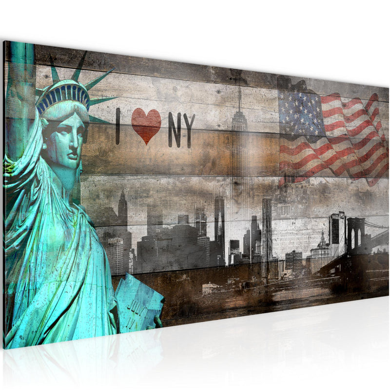 Runa Art Wandbild New York City 1 Teilig 100 x 40 cm Modern Bild auf Vlies Leinwand Freiheitsstatue Wohnzimmer Büro Türkis Braun 034212c