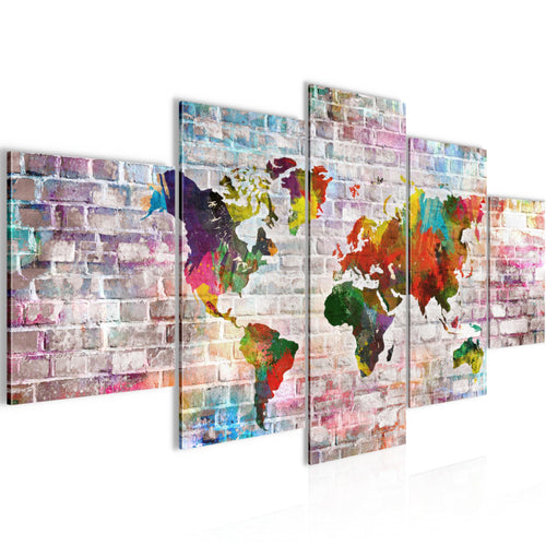 Runa Art Wandbilder Weltkarte 3D Effekt 5 Teilig Bild auf Vlies Leinwand Deko Büro Wohnzimmer Ziegel Farbenfroh Bunt 106952a