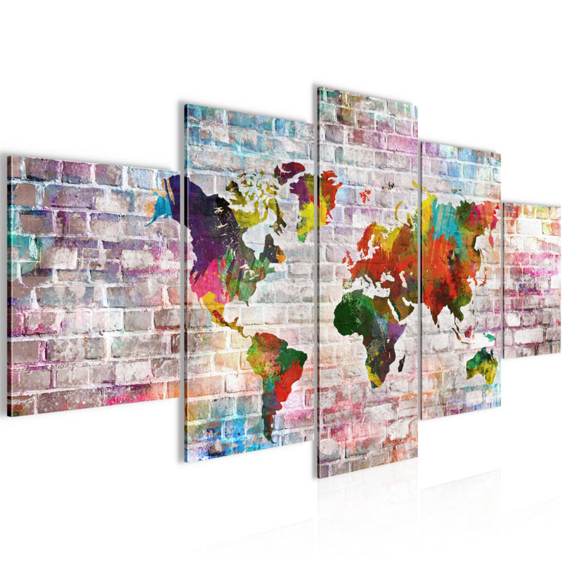 Runa Art Wandbilder Weltkarte 3D Effekt 5 Teilig Bild auf Vlies Leinwand Deko Büro Wohnzimmer Ziegel Farbenfroh Bunt 106952a