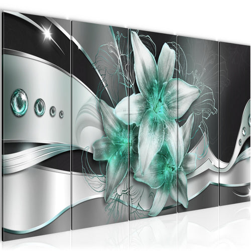 Runa Art Wandbild XXL Blumen Lilien Wohnzimmer Schlafzimmer 200 x 80 cm Schwarz Türkis 5 Teilig - Made in Germany - 039655b