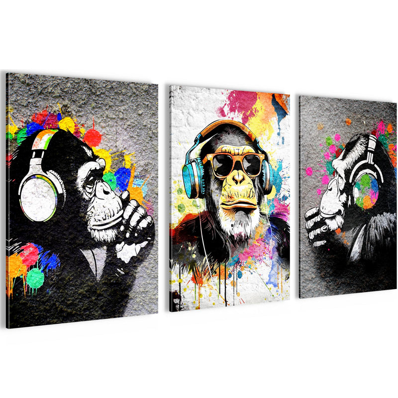 Novart Bilder Set Street Art - KEIN EXTRA RAHMEN BENÖTIGT - Wandbilder für Wohnzimmer Schlafzimmer Büro - 3 Teilig Deko Affe - N034536a