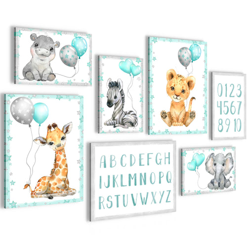 Novart Wandbilder Tiere - KOMPLETT AUFHÄNGFERTIG - Afrika Blau Kinderzimmer Mädchen Junge - 7 Moderne Mood-Bilder - N016671b