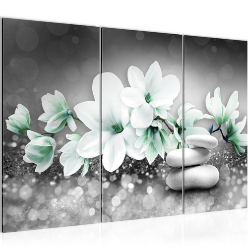 Runa Art Wandbilder Blumen Magnolien Bild XXL Wohnzimmer Schlafzimmer Grau Türkis Abstrakt 120 x 80 cm 3 Teilig 035431b