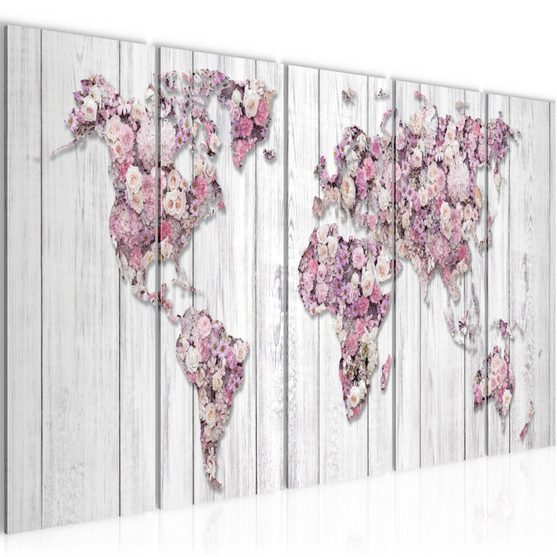 Runa Art Wandbild XXL Weltkarte Blumen Wohnzimmer Schlafzimmer 200 x 80 cm Grau Rosa 5 Teilig - Made in Germany - 023255b
