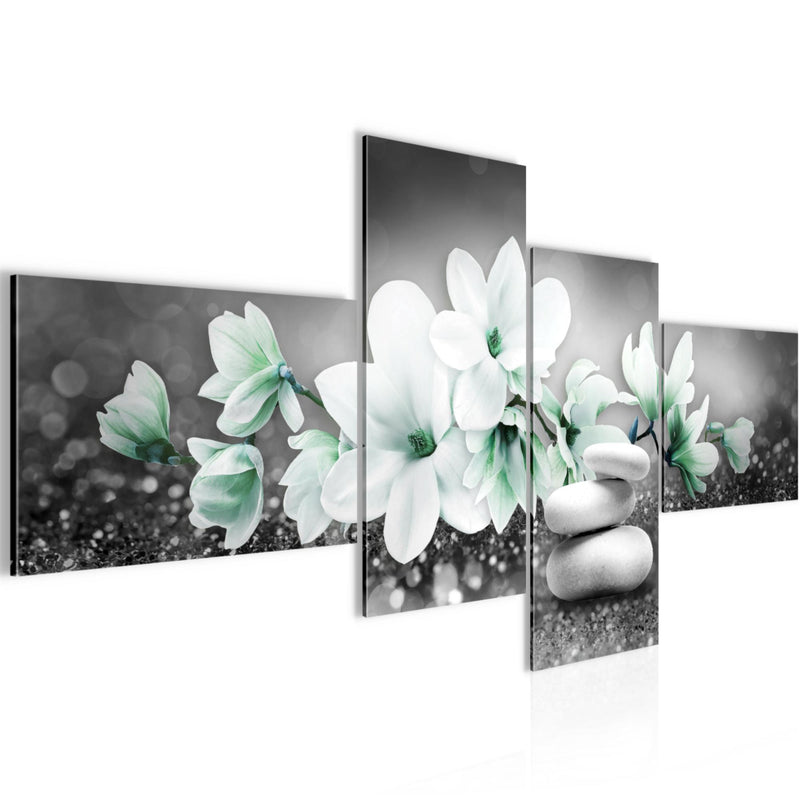 Runa Art Bild Modern Blumen Magnolien - Made in Germany - Wandbilder Abstrakt Grau Türkis 4 Teilig 035442b