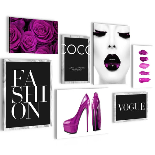 Novart Wandbilder Fashion - KOMPLETT AUFHÄNGFERTIG - Schwarz Weiss Violett Wohnzimmer Mädchen Teenager - 7 Moderne Mood-Bilder - N002271c