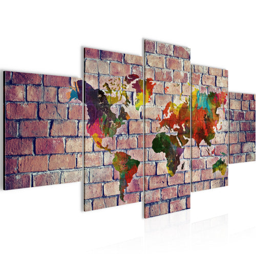 Runa Art Bild Büro Wohnzimmer Weltkarte 5 Teilig Ziegelwand Rot Bunt Wandbilder auf Vlies Leinwand 106953c