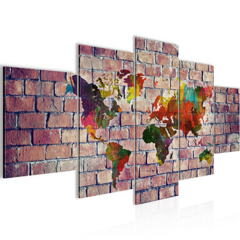 Runa Art Bild Büro Wohnzimmer Weltkarte 5 Teilig Ziegelwand Rot Bunt Wandbilder auf Vlies Leinwand 106953c